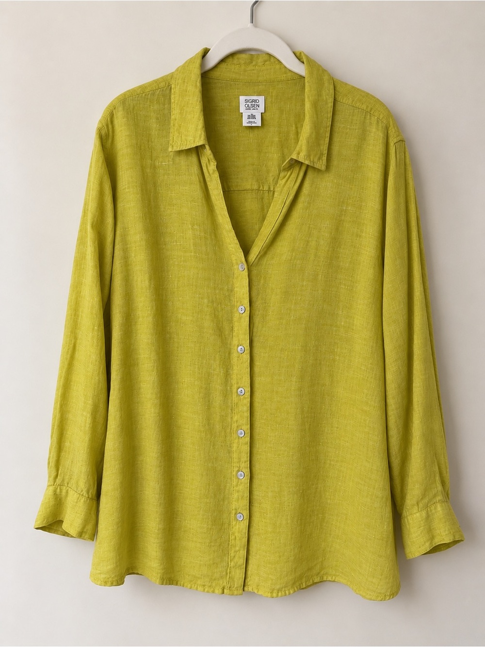 Sigrid Olsen 100% Linen Button Down Shirt Chartreuse Yellow Green 2X